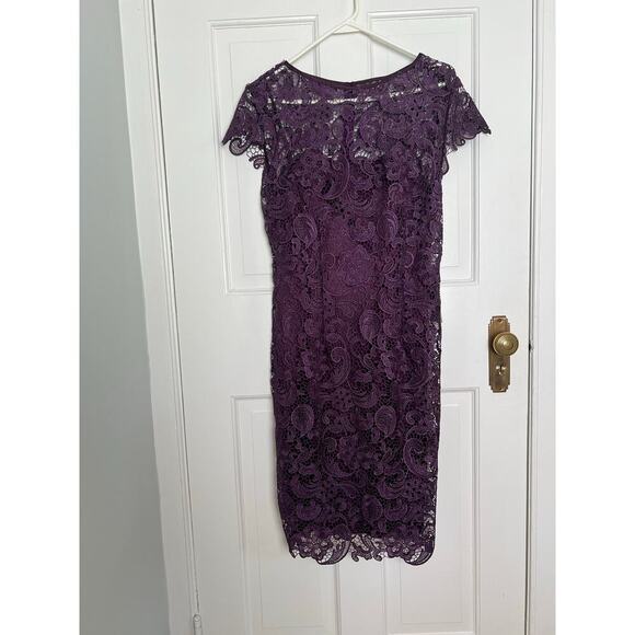 NEW Patra Women's 8 Mini Dress Crocheted Venise Purple Metallic Lace Shift Dress - Picture 2 of 16